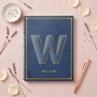 Nep Denim Gele Gestikte Monogram Letter W Notitieboek
