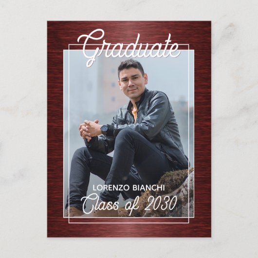 Nep glanzend donkerrood zwart afstudeeruitnodiging briefkaart (Voorkant)