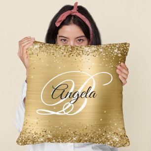Nep glanzend gouden glitter en folie fancy monogra kussen