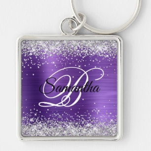 Nep glanzend zilver glitter amethyst folie monogra sleutelhanger