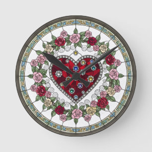 Nep glas-in-lood hart- en bloemwandklok ronde klok