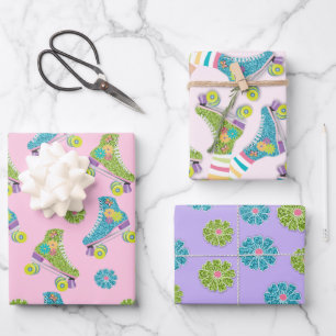 Nep glitter Roller Skating bloemen Feest Inpakpapier Vel