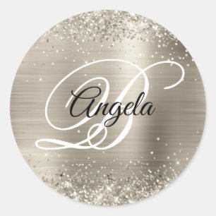 Nep Glitterend Platina Glitter Folie Monogram Ronde Sticker