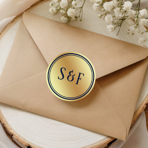 Nep goud folie blauwe trouw monogram enveloppe zeg ronde sticker