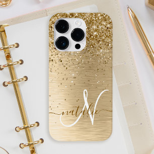 Nep Goud Geborsteld Metaal Glitter Print Monogram iPhone 14 Plus Hoesje