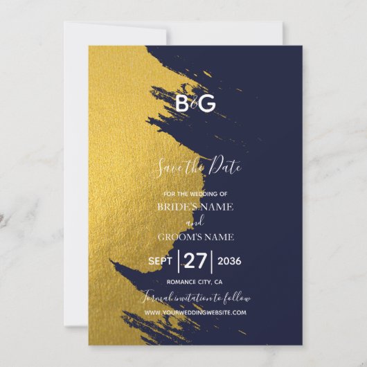 Nep goud penseelstreken & marineblauw met monogram save the date (Voorkant)