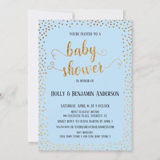 Nep Gouden Confetti Typografie Blauwe Baby Shower Kaart (Voorkant)