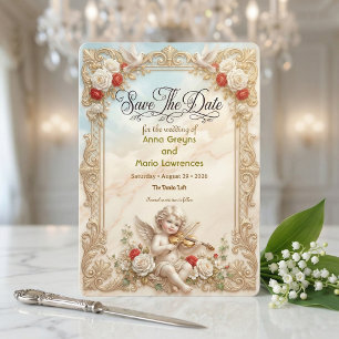 Nep gouden filigraan & gedrukt rococo marmerdesign save the date