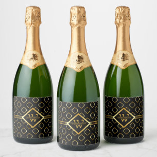NEP gouden geometrisch patroon met monogram op ZWA Sparkling Wijnetiket