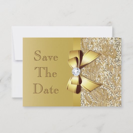 Nep gouden pailletten en strik trouwkaart Save The Date (Voorkant)