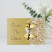 Nep gouden pailletten en strik trouwkaart Save The Date (Staand voorkant)