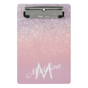 Nep roze en paarse glinsterende glitter monogram mini klembord