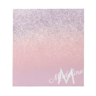 Nep roze en paarse glinsterende glitter monogram notitieblok