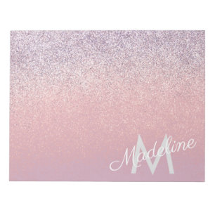 Nep roze en paarse glinsterende glitter monogram notitieblok
