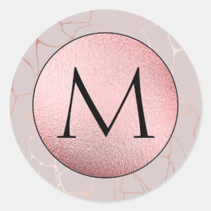 Nep Roze Folie - Roze Goud Marmer Monogram Ronde Sticker