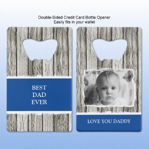 Nep rustic hout 1 foto papa grijs blauw kredietkaart flessenopener
