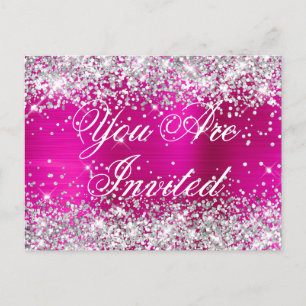 Nep zilveren glitter roze verjaardagsuitnodiging briefkaart