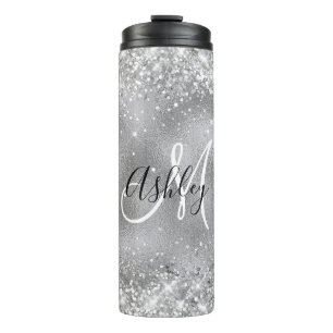 Nep zilverfolie met glinsterende glittermonogram thermosbeker
