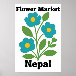 Nepal Bloemenmarkt Turquoise Bloesem & Groene Blad Poster