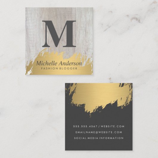 Nepgoud geborsteld monogram | Houtnerf Vierkante Visitekaartje (Voorkant / Achterkant)