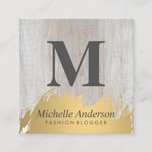 Nepgoud geborsteld monogram | Houtnerf Vierkante Visitekaartje (Voorkant)