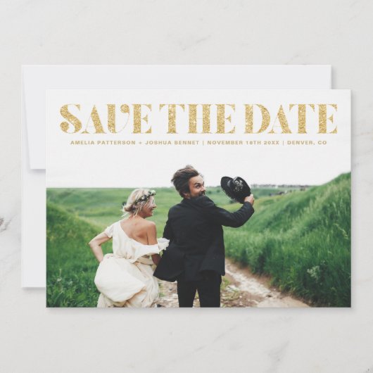 Nepgouden Glitter Typografie Foto Save the Date (Voorkant)