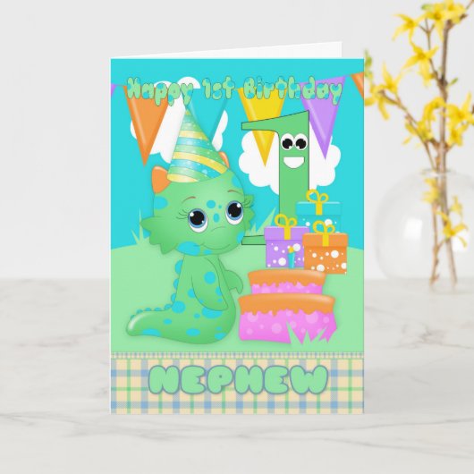 Nephew 1e verjaardag Schattige monstertje met cade Kaart (Gele Bloem)