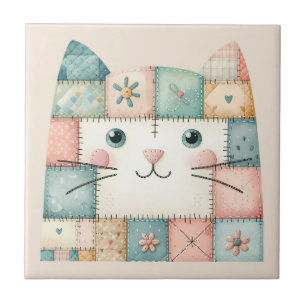 Neppige Patchwork Pastelkleurige Kattenkop Cottage Tegeltje