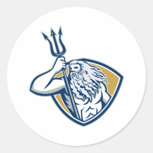 Neptune Poseidon Trident Shield Retro Ronde Sticker