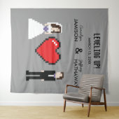 Nerdy 8-bits hartbruiloft of verloving achtergrond wandkleed (In Situ (horizontaal))