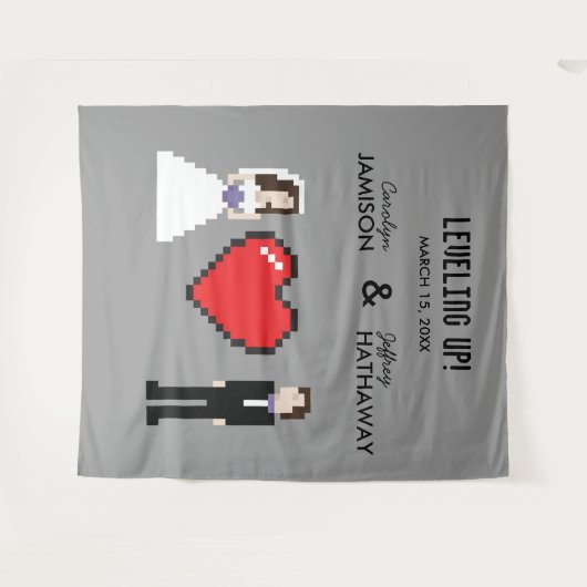 Nerdy 8-bits hartbruiloft of verloving achtergrond wandkleed (Voorkant (horizontaal))
