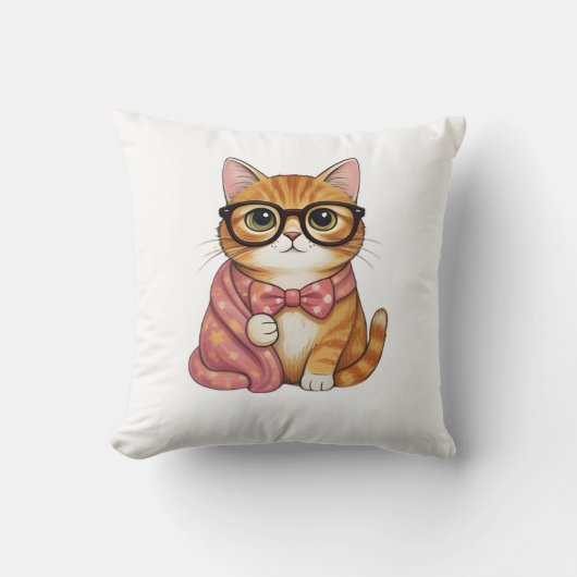 Nerdy Sinaasgele Kat Met Dasje T-shirt Kussen (Voorkant)