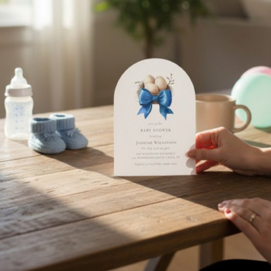 Nesting Bird Blue Bow Baby Shower Invitation