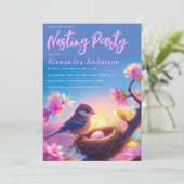 Nesting Party Schattigee Vogel & Ei Bloemen Roze B Kaart (Staand voorkant)