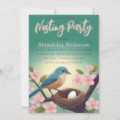 Nesting Party Vogel Nest Ei Groen Roze Bloesem Kaart (Voorkant)
