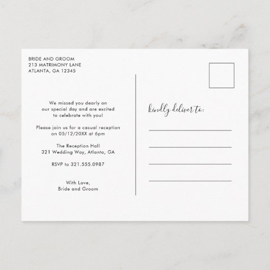 Net gehuwde Elegant Script Photo Elopement Aankondigingskaart (Achterkant)