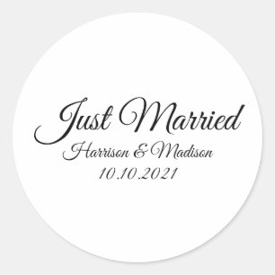 Net getrouwd, aangepaste namen zwart wit schrift ronde sticker