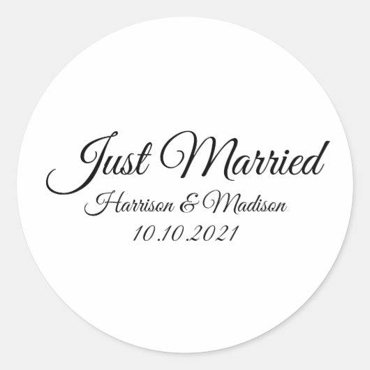 Net Getrouwd, aangepaste namen zwart wit script Ronde Sticker (Voorkant)