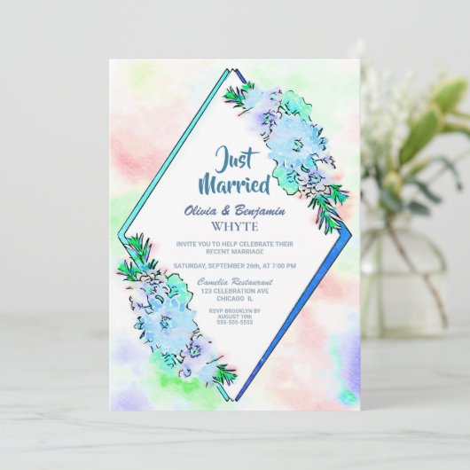 Net Getrouwd Blauw Bloemmotief Bruiloftsreceptie Kaart (Staand voorkant)