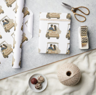 'Net getrouwd' bruid en bruidegom in een golfkar Cadeaupapier