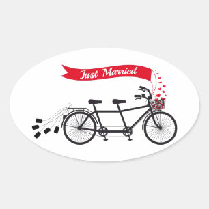 Net getrouwd, bruiloft tandem fiets ovale sticker