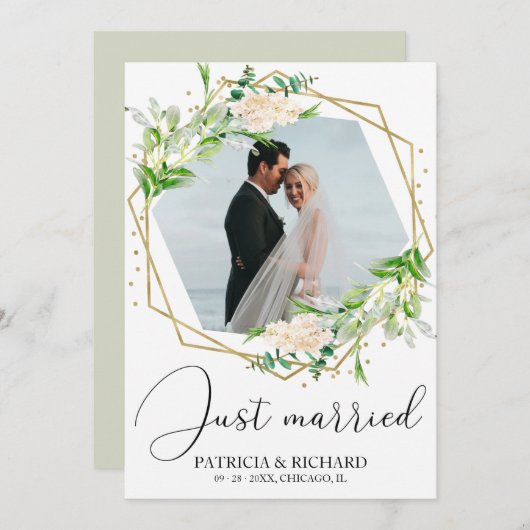 Net Getrouwd Elegante Groene Gevluchte Aankondigin Kaart (Voorkant / Achterkant)