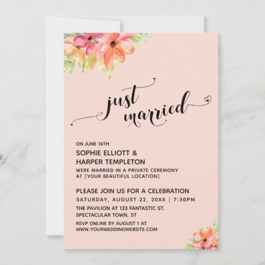 Net Getrouwd Hartjes Script Roze Boho Bloemen Kaart (Voorkant)