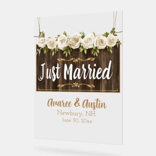 Net getrouwd hout teken witte rozen acryl bord (Hoek)