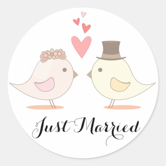 Net getrouwd Lovebirds roze bruiloft aankondiging Ronde Sticker (Voorkant)