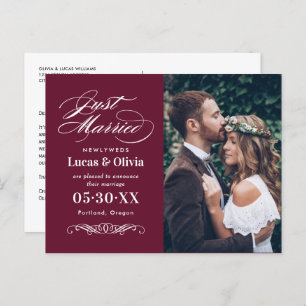 Net getrouwd Merlot Red Elegant Wedding Photo Aankondigingskaart