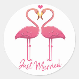 Net getrouwd Pink Flamingo Tropical Beach bruiloft Ronde Sticker