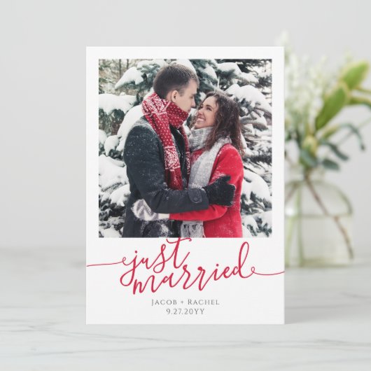 Net getrouwd Red Script Foto Kerst bruiloft Aankondiging (Staand voorkant)