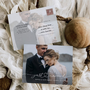 Net Getrouwd Romantisch Script met Hart en Foto's Aankondigingskaart