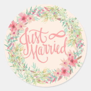 Net getrouwd  roze Blauwgroen koraal bloemontwerp Ronde Sticker
